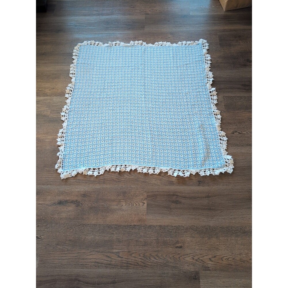 Vtg Handmade Crochet Knit Baby Blanket Blue & White 44" X 40" Tatting Crafts